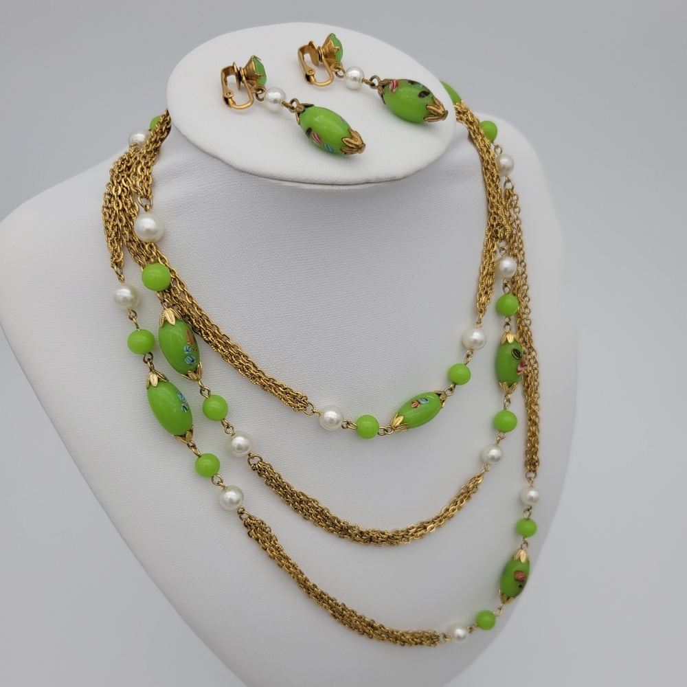 Vintage Green Painted Bead Necklace and Earring Set with Gold Toned Chain